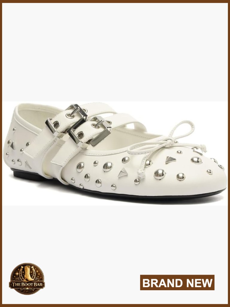 Leather Ballet Flats With Silver Studs, Buckle Closure, Dance Shoes